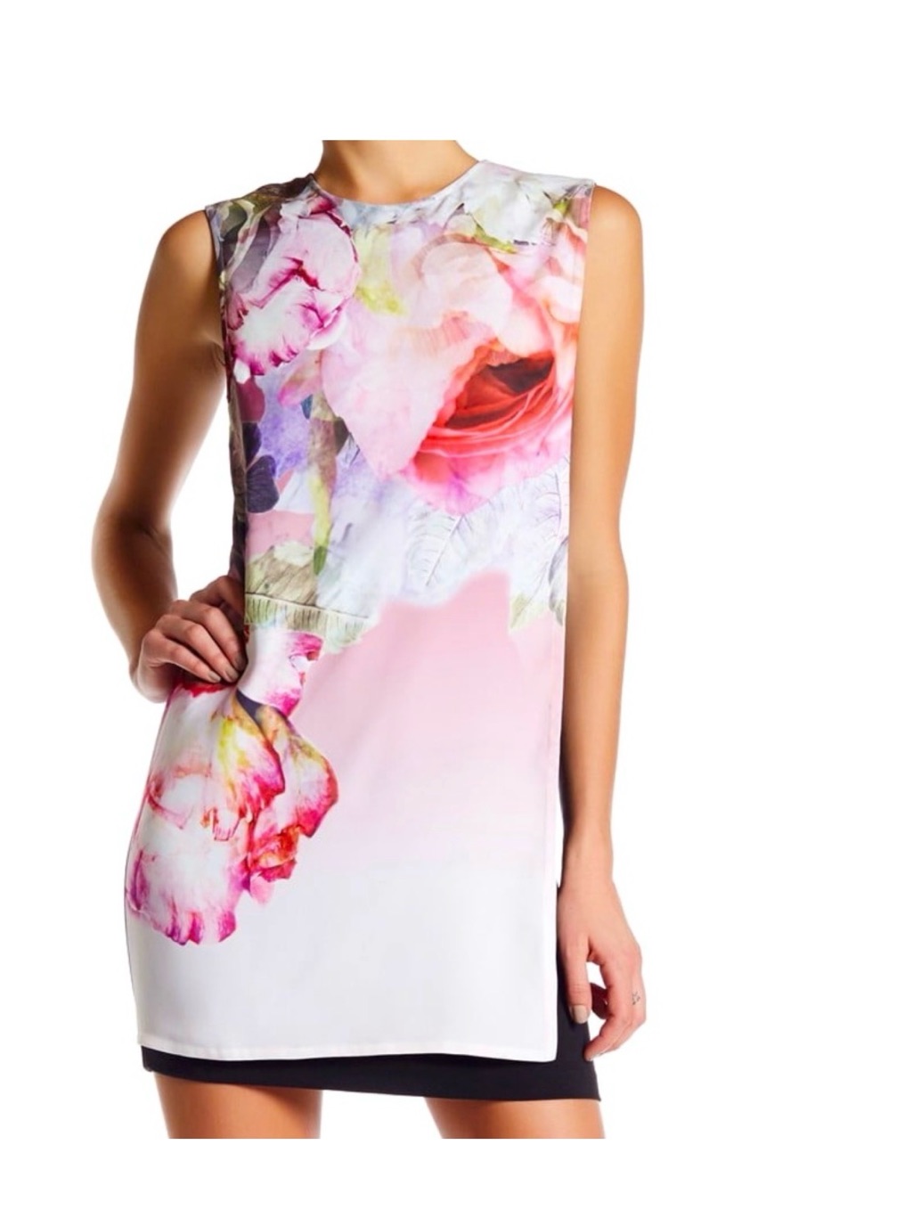 Ted Baker Floral Shift Dress Size 2 Small Pink Black Designer Mini